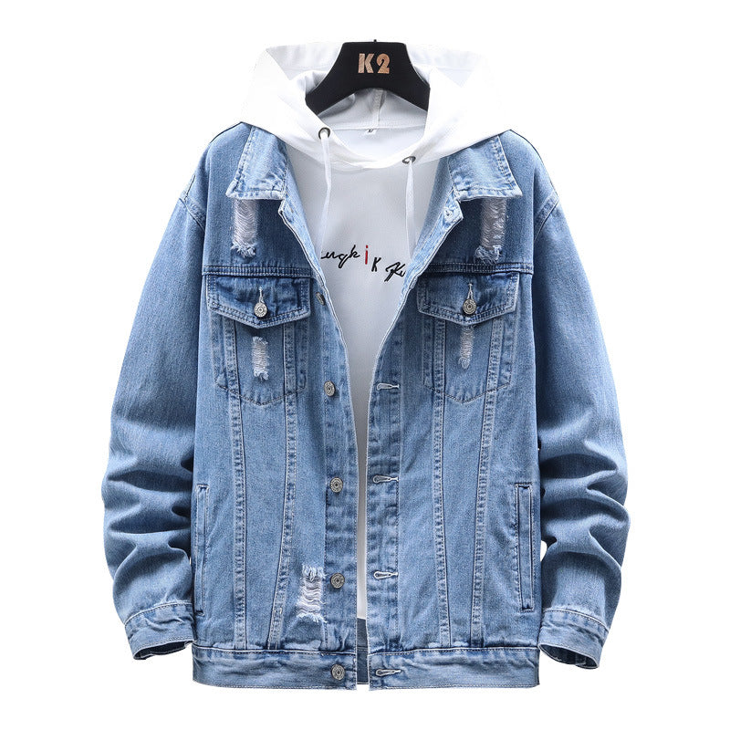 winter outfits men Men's Long-Sleeved Lapel Washed Ripped Denim Jacket Fashionable Youth Slim Fit Men's Personality Top