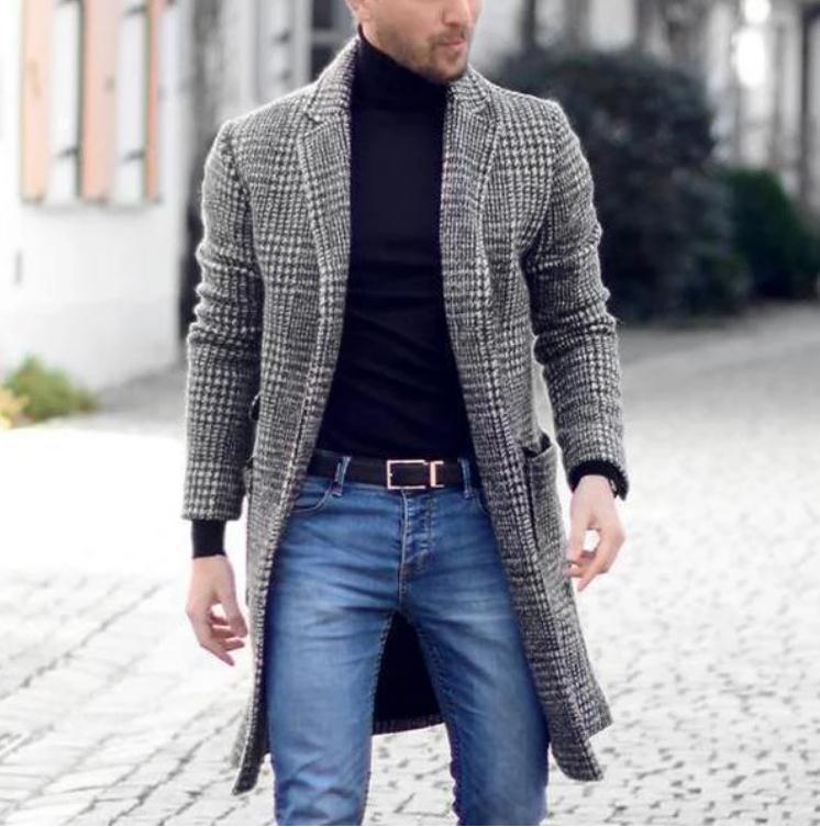 mens fall fashion 2024 New Winter Trendy Mid-Length Plaid Men's Youth Woolen Coat Men's Coat