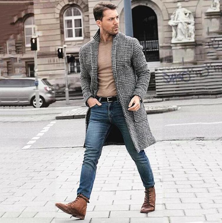 mens fall fashion 2024 New Winter Trendy Mid-Length Plaid Men's Youth Woolen Coat Men's Coat