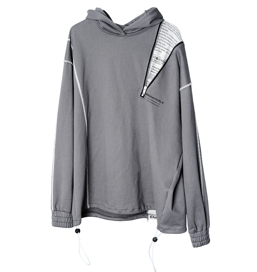 Hehope Asymmetrical Zipper Reverse Loose Hooded Sweatshirt