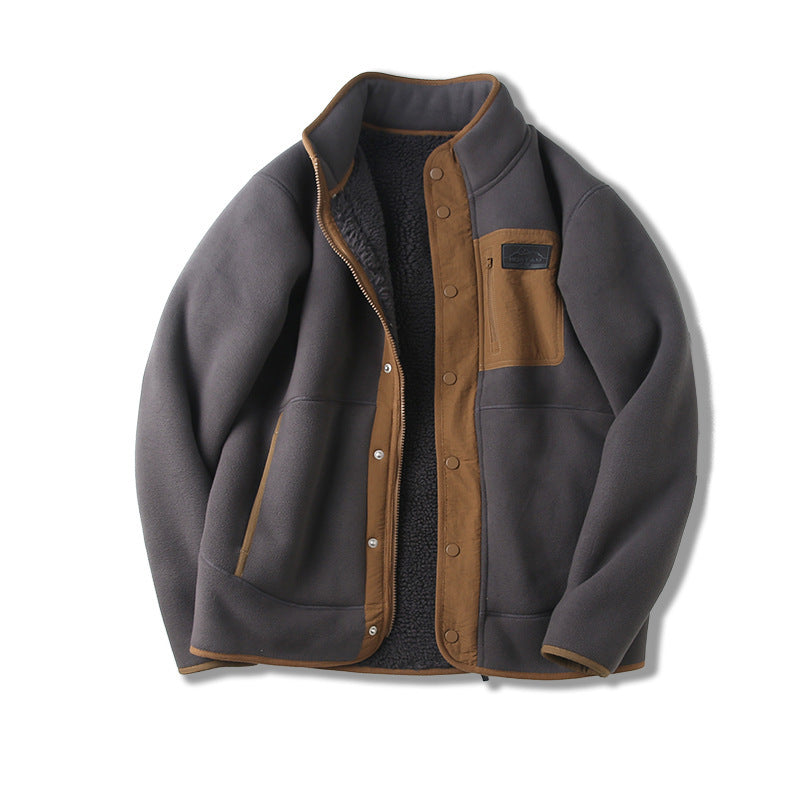 Hehope Fleece-lined Thickened Stand Collar Pocket Jacket