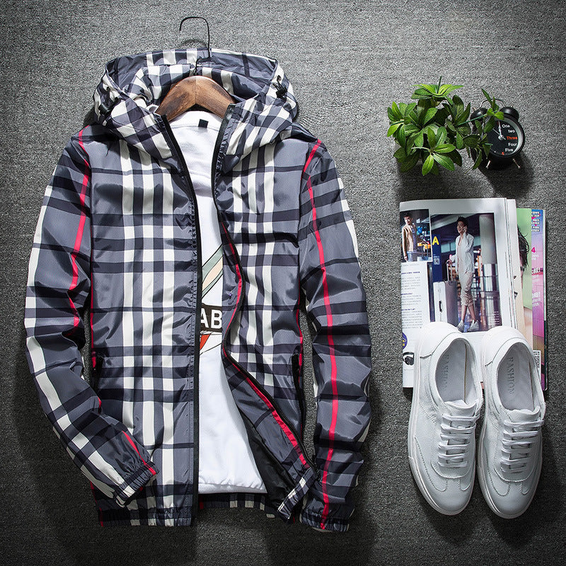 Hehope Plaid hooded slim jacket men