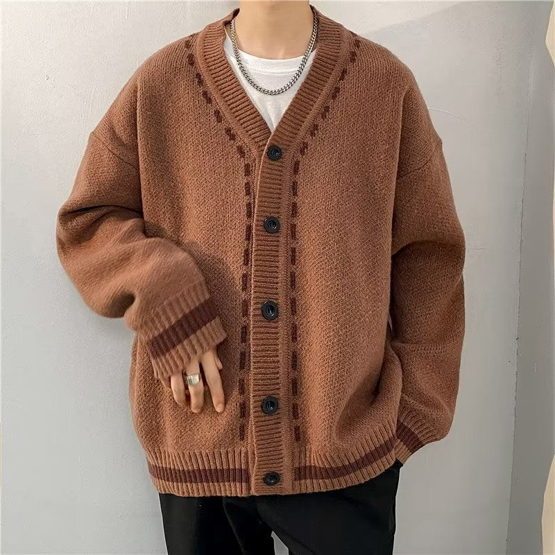 Hehope Retro Diamond Lattice Cardigan Sweater Lazy High-grade Men's Coat