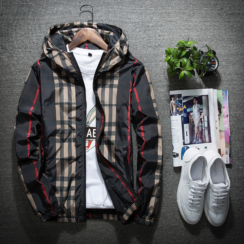 Hehope Plaid hooded slim jacket men