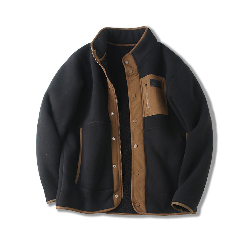 Hehope Fleece-lined Thickened Stand Collar Pocket Jacket