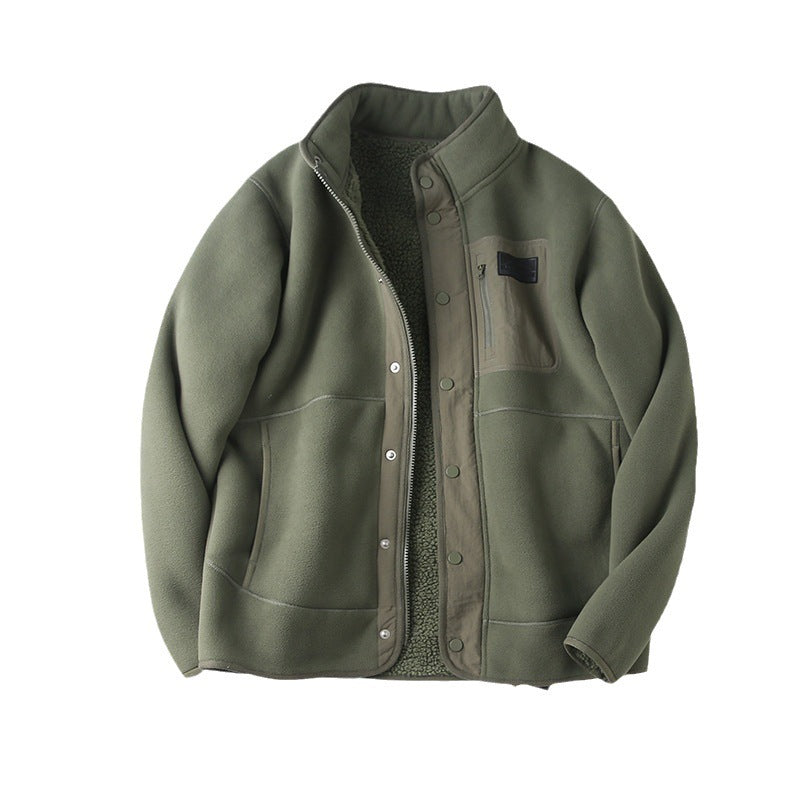 Hehope Fleece-lined Thickened Stand Collar Pocket Jacket