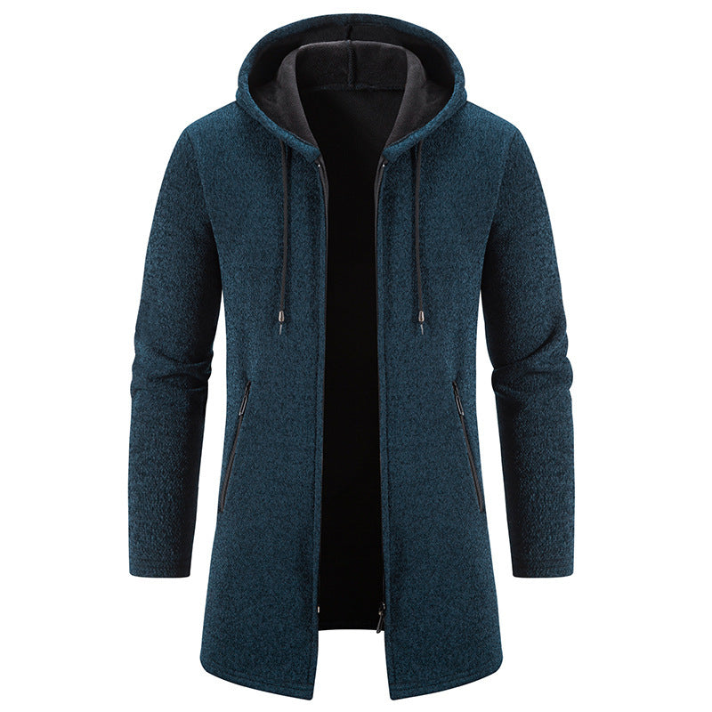 Hehope Autumn And Winter Fleece-lined Thickening Solid Color Men's Cardigan Mid-length Hooded Jacket