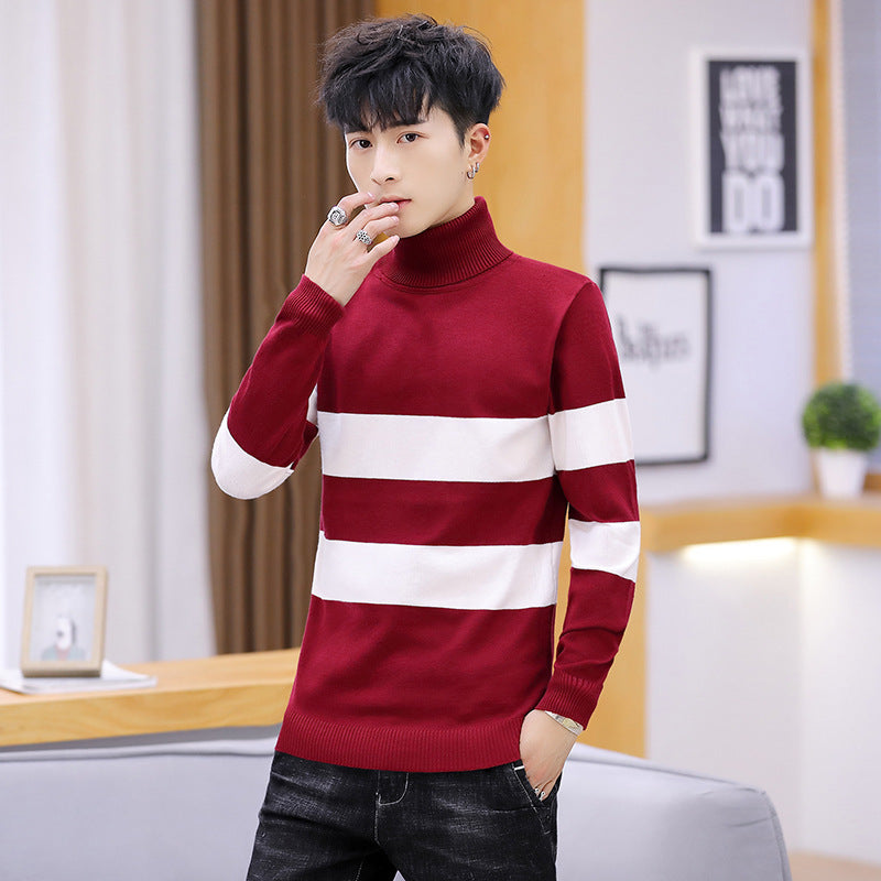 Hehope High Neck Striped Sweater Men