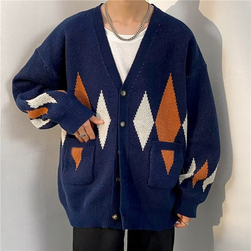 Hehope Retro Diamond Lattice Cardigan Sweater Lazy High-grade Men's Coat