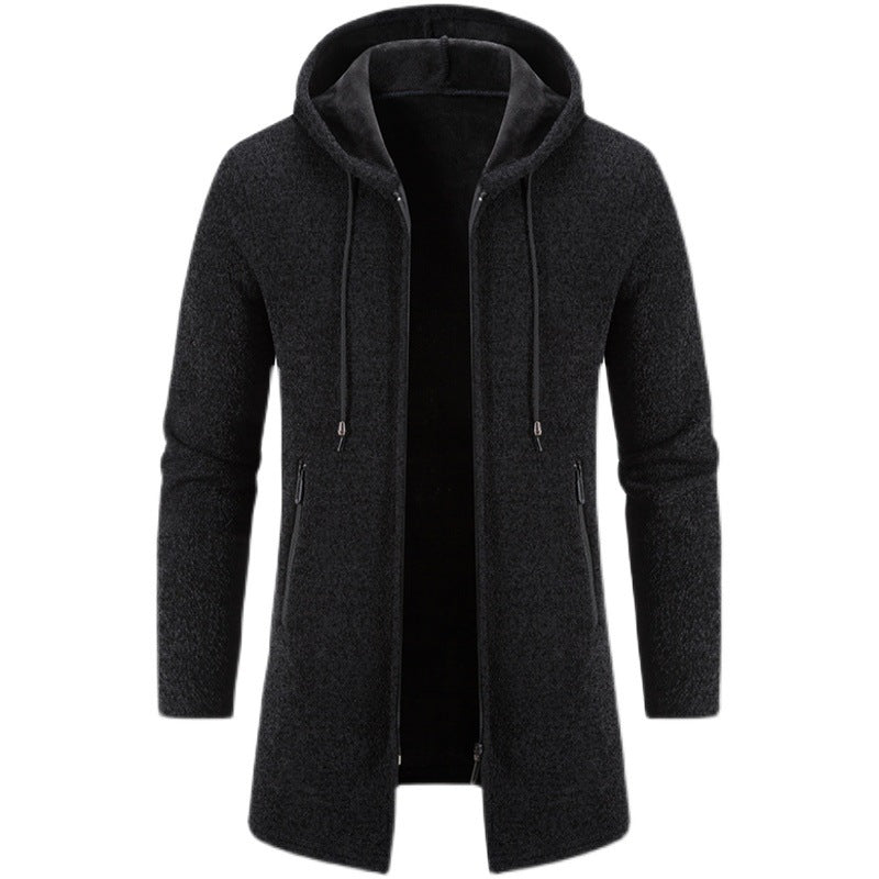 Hehope Autumn And Winter Fleece-lined Thickening Solid Color Men's Cardigan Mid-length Hooded Jacket