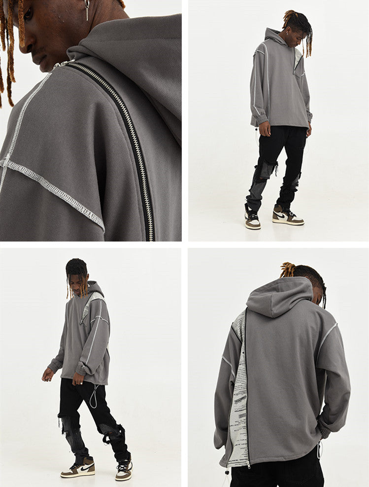 Hehope Asymmetrical Zipper Reverse Loose Hooded Sweatshirt