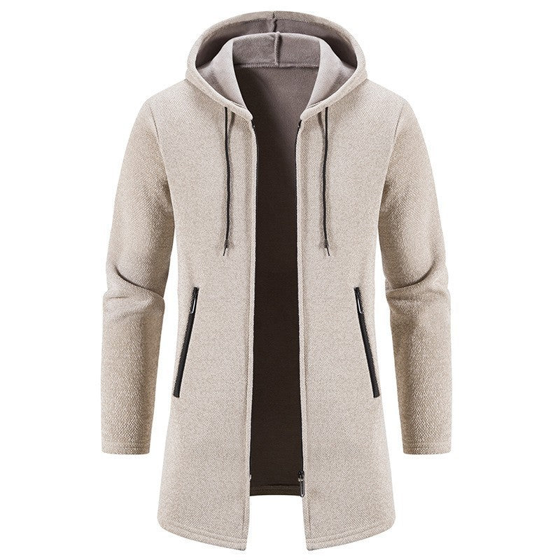 Hehope Autumn And Winter Fleece-lined Thickening Solid Color Men's Cardigan Mid-length Hooded Jacket