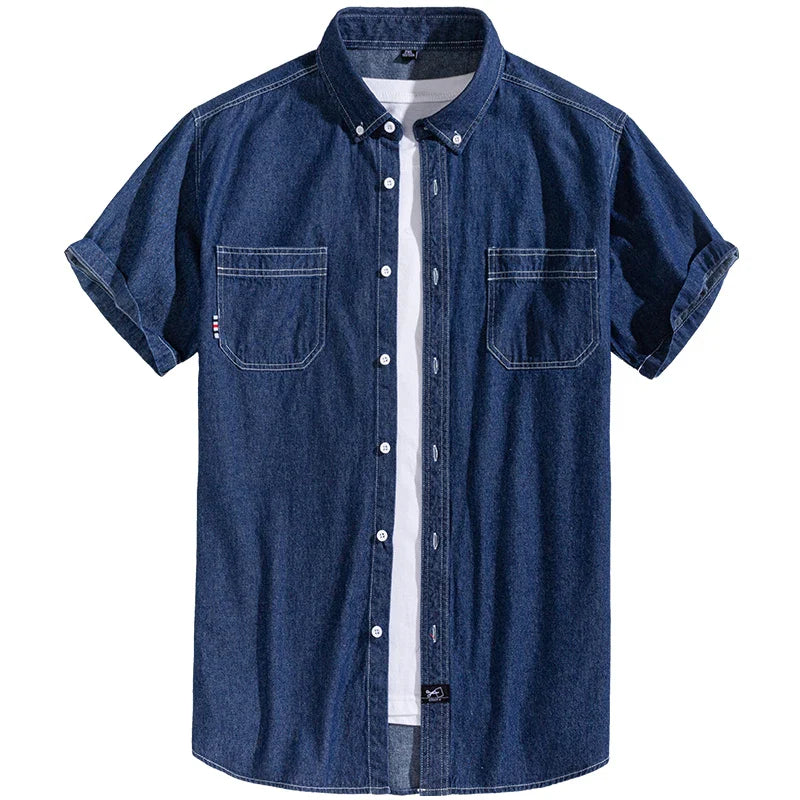 Hehope Men's Denim Shirts Short Sleeve Cotton Slim cotton Jeans Denim Shirts Men Summer High Quality Pockets Shirt Men Clothing