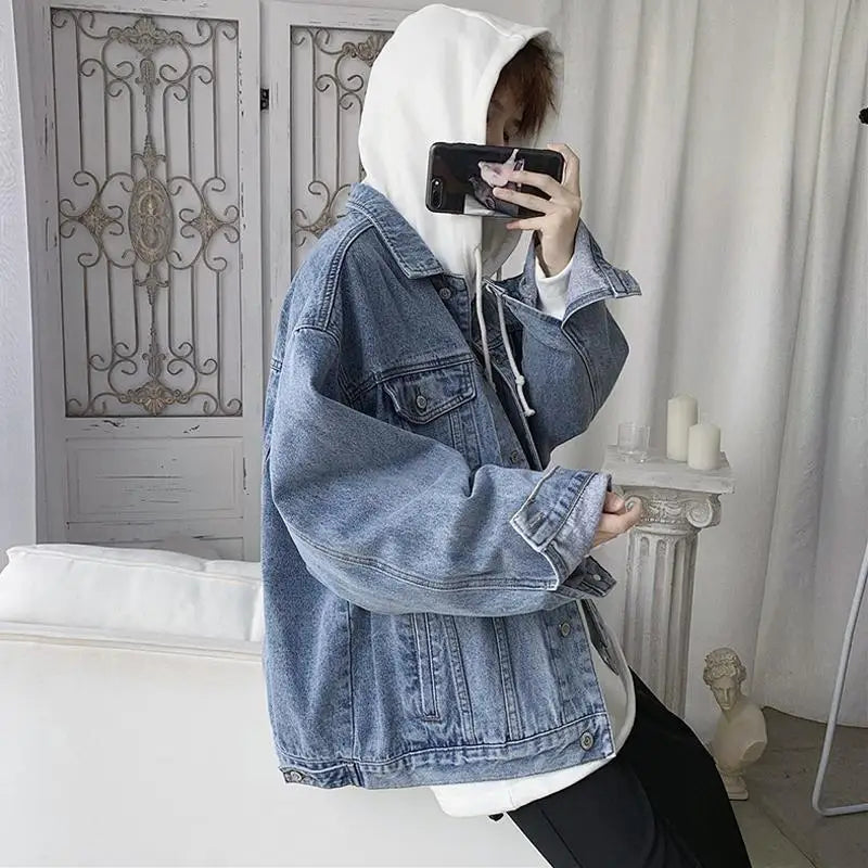 Hehope College Style Vintage Denim Jacket Men Korean Loose Casual Wash Button Down Jean Coats Female M-2XL Spring Autumn New