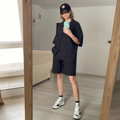 Hehope Korean Style Men's Set Suit Jacket and Shorts Solid Thin Short Sleeve Single Pocket Knee-Length Summer Oversized Clothing Man