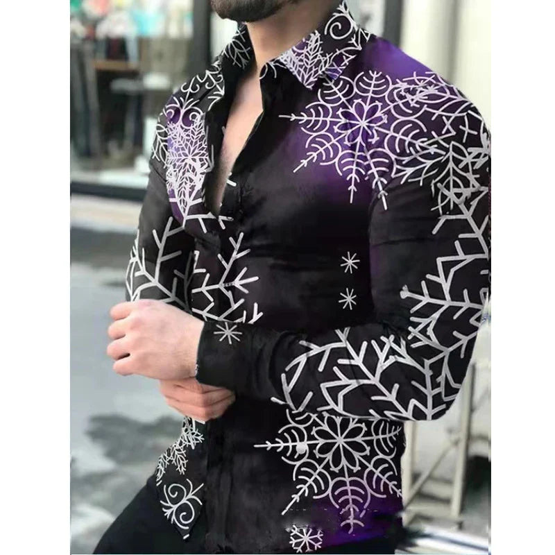 Hehope Men's Slim Shirt Autumn Casual Turn-down Collar Streetwear Fashion Together Printed Long Sleeve Oversize Shirt For Men Tops