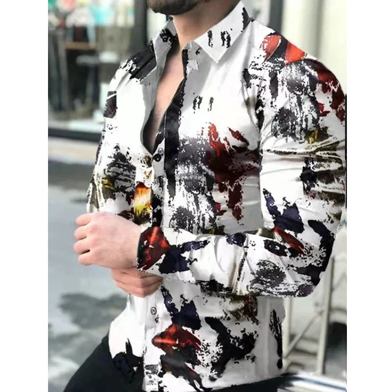 Hehope Men's Slim Shirt Autumn Casual Turn-down Collar Streetwear Fashion Together Printed Long Sleeve Oversize Shirt For Men Tops