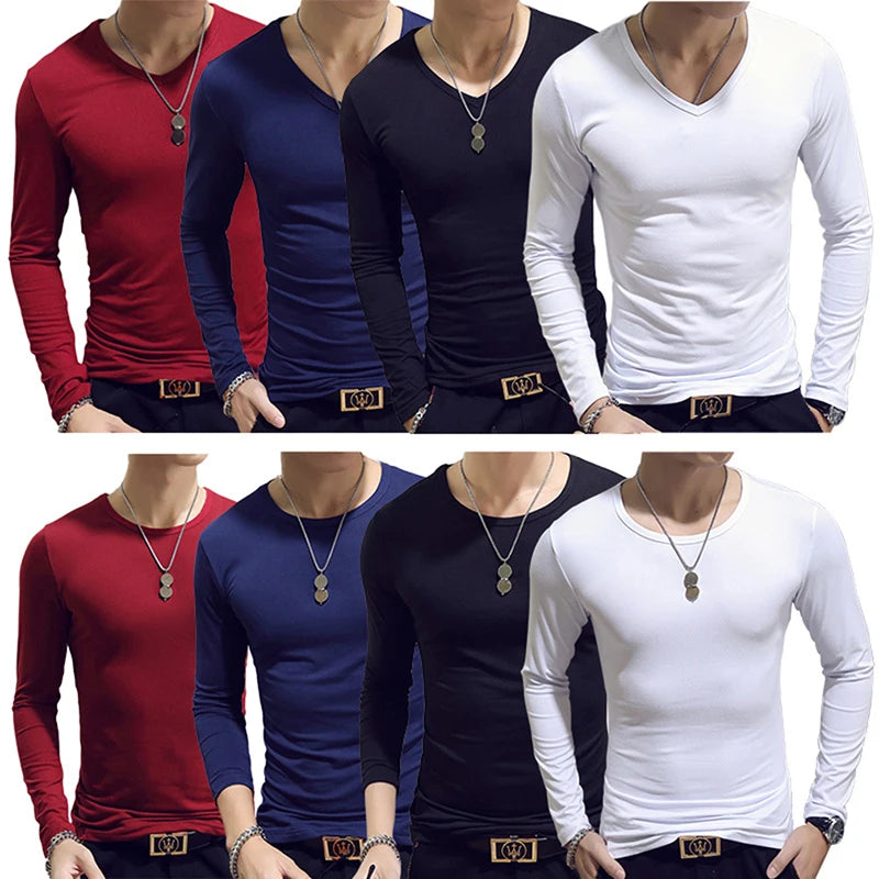 Hehope Mens T-Shirt O-Neck Round Neck Long Sleeve Men T-Shirt for Male Lycra and Cotton T-Shirts Man Clothing