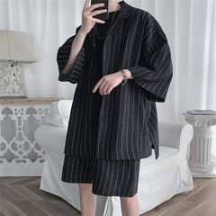 Hehope Korean Style Men's Set Suit Jacket and Shorts Solid Thin Short Sleeve Single Pocket Knee-Length Summer Oversized Clothing Man