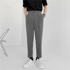 Hehope Summer Fashion Men's Pants Elastic Waist Ankle Length Casual Suit Pant Korean Style Regular Fit Solid Luxury Trousers Beige Blue