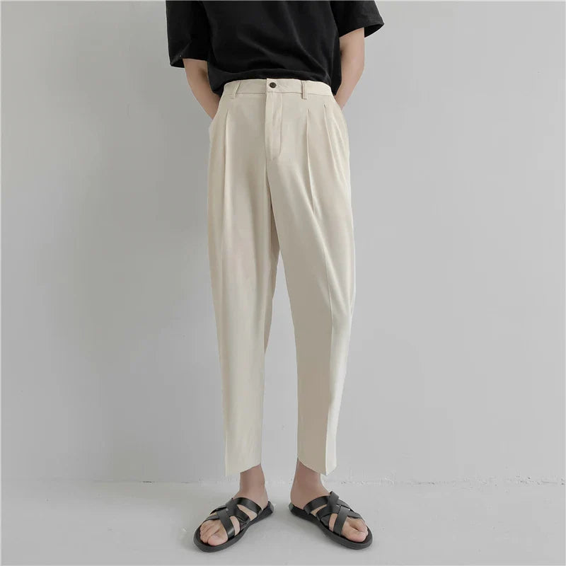 Hehope Summer Fashion Men's Pants Elastic Waist Ankle Length Casual Suit Pant Korean Style Regular Fit Solid Luxury Trousers Beige Blue