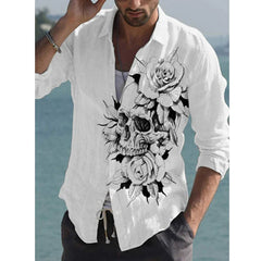 Hehope Autumn New Men Shirt Skull Print Fashion Personality Casual Oversize Long Sleeve Dress Loose Shirt For Men Tops Blouse Chemise