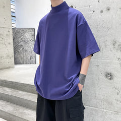 Hehope 2024 Streetwear Turtleneck Men Tshirt Solid Hip Hop Male Oversized T shirts Man Casual Short Sleeve Top Tees Black/White/Purple