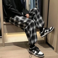 Hehope Plaid Pants Men Fashion Retro Color Contrast Casual Pants Men Streetwear Loose Hip-hop Straight Pants Mens Trousers M-3XL