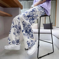 Hehope Spring Summer Flower Pants Men's Fashion Printed Casual Pants Men Streetwear Loose Hip-hop Straight Wide-leg Pants Mens Trousers