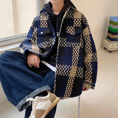 Hehope Autumn Plaid Jacket Men Fashion Retro Pocket Casual Jacket Men Streetwear Korean Loose Lapel Coat Mens Outerwear M-2XL