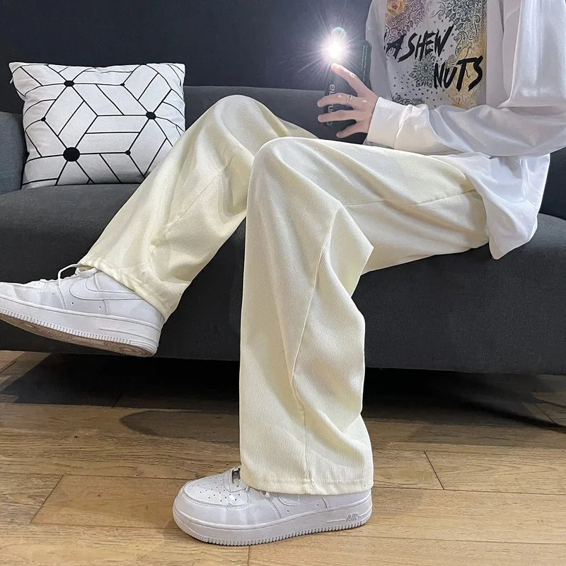 Hehope Corduroy pants men's Korean fashion casual pants autumn versatile loose straight tube floor dragging wide leg men's pants