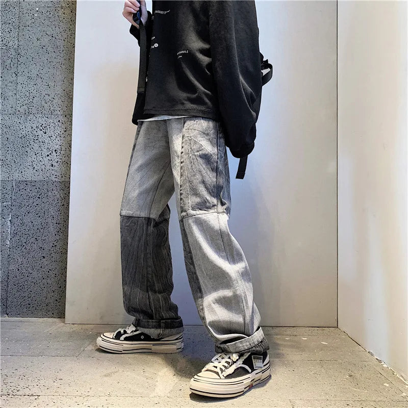 Hehope Korean Style Fashion Men's Denim Wide-leg Pants New Autumn Loose Straight-leg Jeans Paneled Denim Trousers Male