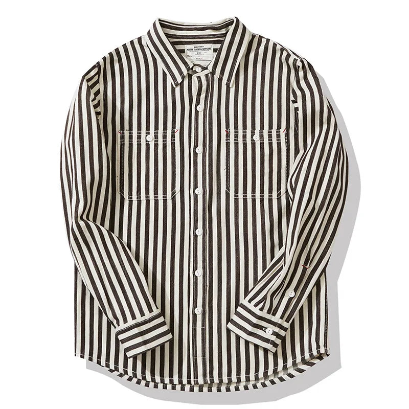 Hehope Vintage Striped Work Shirt Men Spring Autumn New Washed Cotton Long Sleeve Workwear Shirts Streetwear Casual Couple Tops