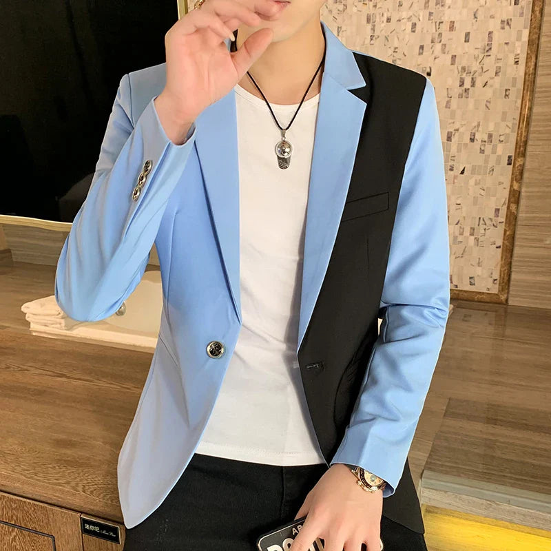 Hehope Men's Casual Blazer Korean Fashion Clothes Patchwork Suit Jacket Male Summer Thin Handsome Wear Slim Fit Coat Red White Blue