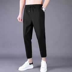 Hehope Men's Summer Thin Pants Korean Trend Nine Straight Tube Loose Ice Silk Elastic Sweatpants For Boys Spring And Autumn Student