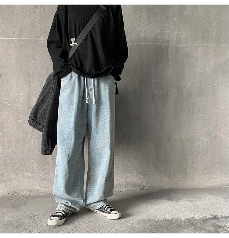 Hehope men's clothing spring and autumn fall feeling wide leg jeans men's pants Korean loose trend straight daddy pants hip hop