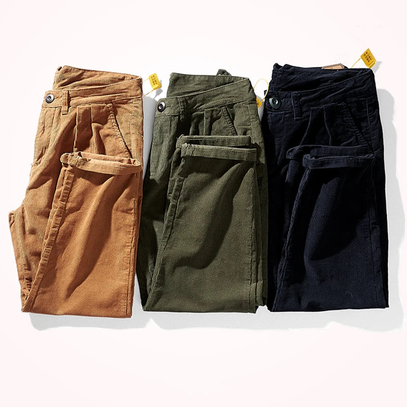 Hehope Autumn and Winter New Men 's Corduroy Casual Pants Loose Straight Trousers Vertical Corduroy Japanese-Style Retro Overalls