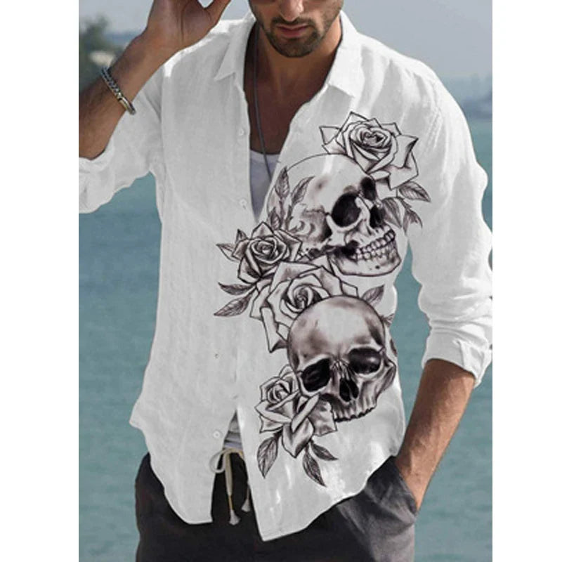 Hehope Autumn New Men Shirt Skull Print Fashion Personality Casual Oversize Long Sleeve Dress Loose Shirt For Men Tops Blouse Chemise