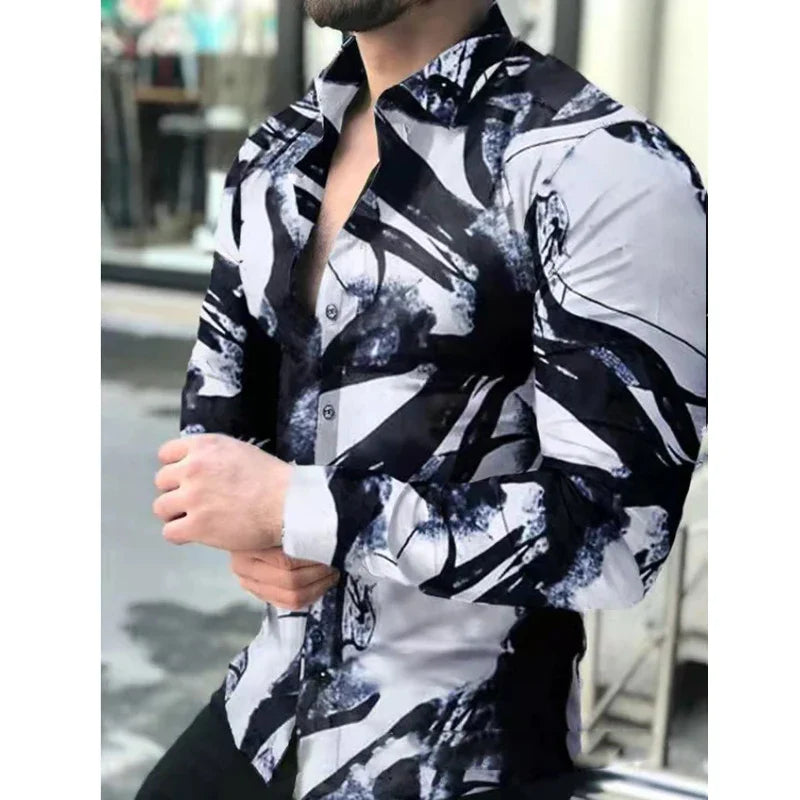 Hehope Men's Slim Shirt Autumn Casual Turn-down Collar Streetwear Fashion Together Printed Long Sleeve Oversize Shirt For Men Tops