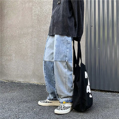 Hehope Korean Style Fashion Men's Denim Wide-leg Pants New Autumn Loose Straight-leg Jeans Paneled Denim Trousers Male