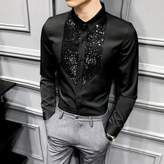 Hehope Sequins Tuxedo Shirts Men Long Sleeve Camisa Masculina Black White Casual Slim Fit  Men Dress Shirts Streetwear Social Tops