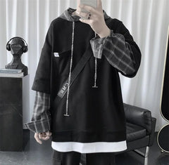 Hehope Hooded sweater men's autumn Korean fashion versatile top loose fake two striped hip hop handsome coat