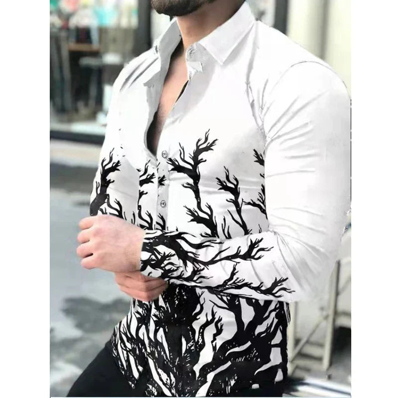 Hehope Men's Slim Shirt Autumn Casual Turn-down Collar Streetwear Fashion Together Printed Long Sleeve Oversize Shirt For Men Tops