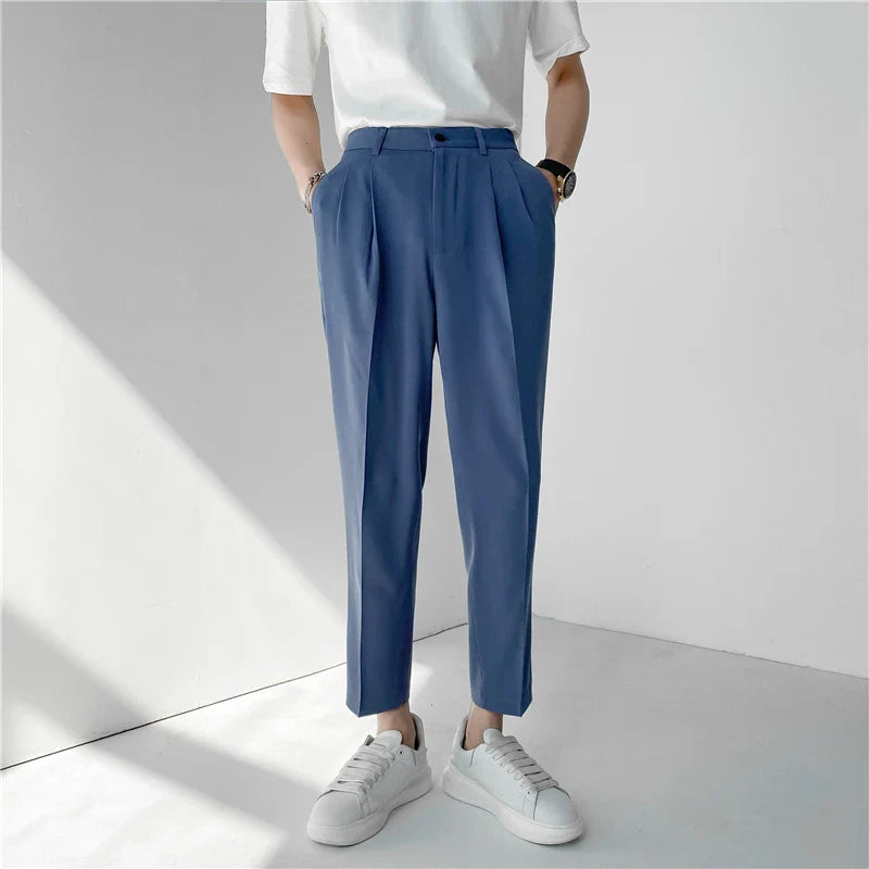 Hehope Summer Fashion Men's Pants Elastic Waist Ankle Length Casual Suit Pant Korean Style Regular Fit Solid Luxury Trousers Beige Blue