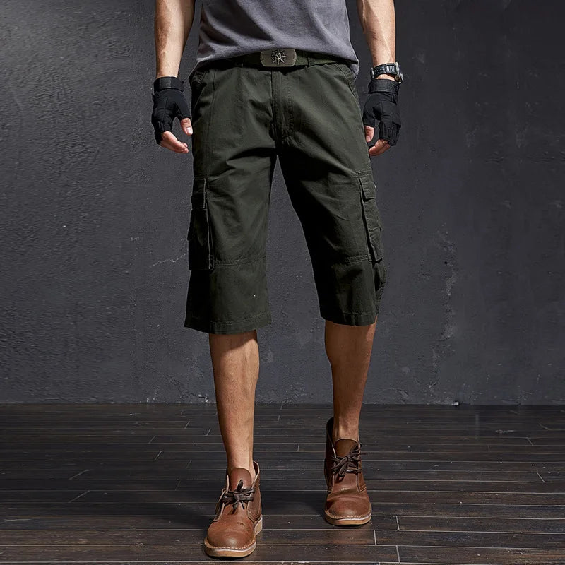 Hehope Summer Men's Outdoor Solid Color Cargo Shorts Pocket Cotton Casual Half Pants Mid Waist Drawstring Loose Shorts Bib