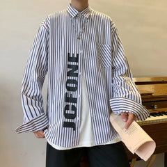 Hehope New Blue Stripe Shirt Men's long sleeve autumn Korean fashion printed fried Street Shirt casual coat camisa social