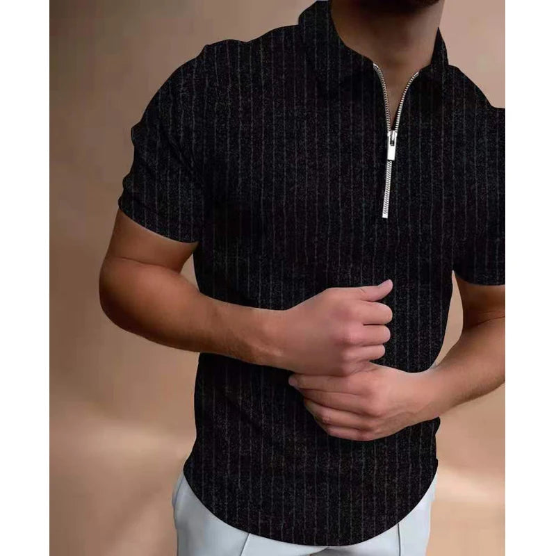 Hehope Fashion Retro Striped Short Sleeve Polo Shirt For Men Casual Turn-down Collar Zip-up Polo Shirts  Summer Men's Slim Tops