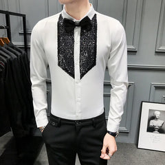 Hehope Sequins Tuxedo Shirts Men Long Sleeve Camisa Masculina Black White Casual Slim Fit  Men Dress Shirts Streetwear Social Tops