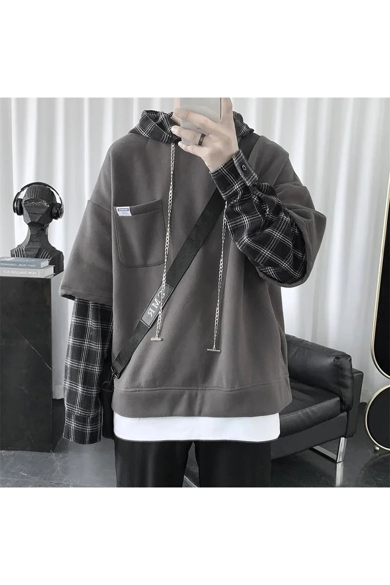 Hehope Hooded sweater men's autumn Korean fashion versatile top loose fake two striped hip hop handsome coat