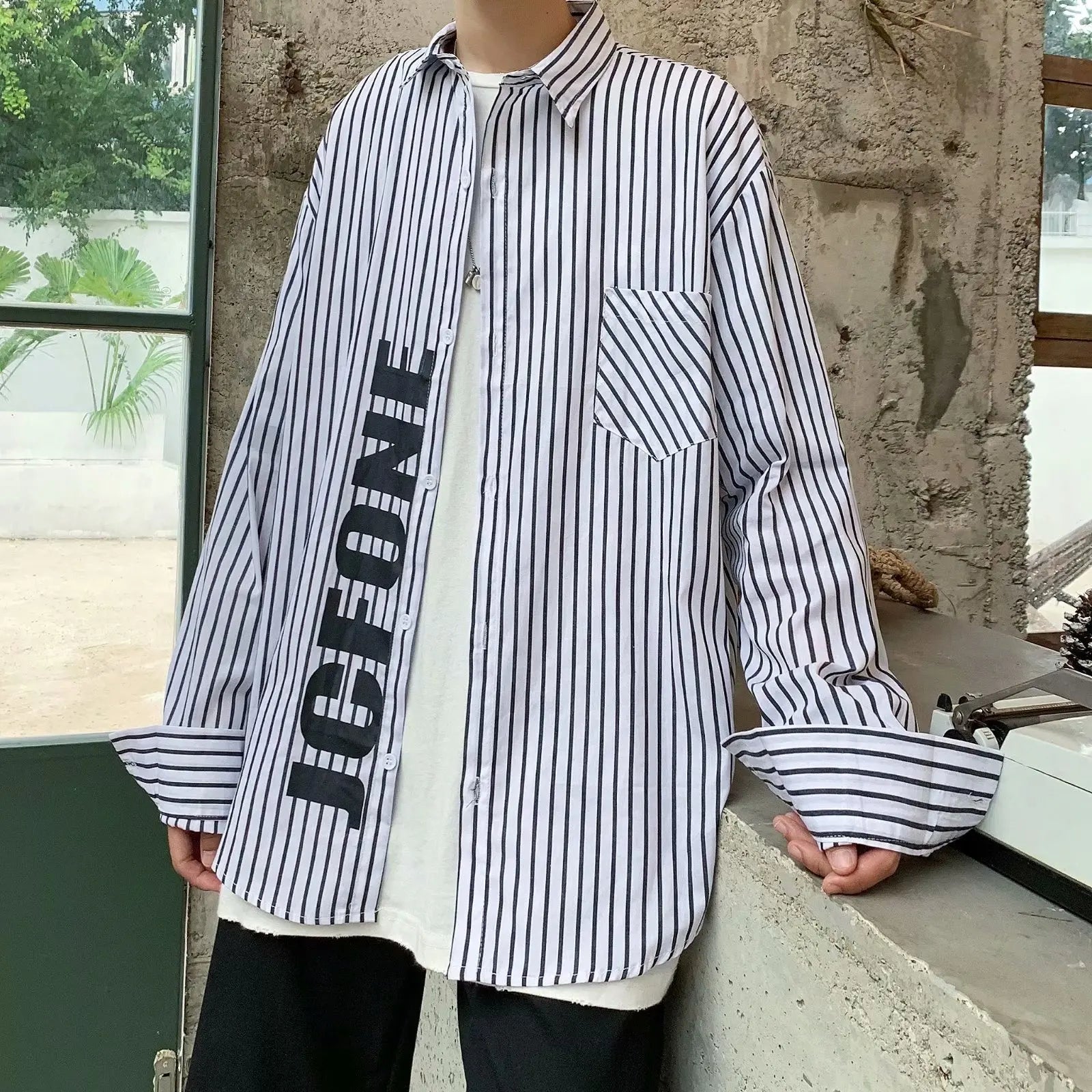 Hehope New Blue Stripe Shirt Men's long sleeve autumn Korean fashion printed fried Street Shirt casual coat camisa social